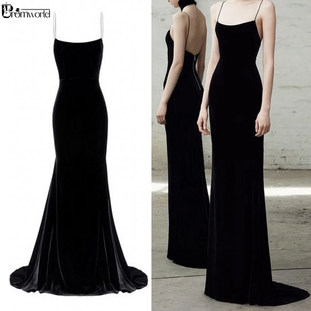 Simples elegante preto veludo sereia vestidos de noite 2022 alças de espaguete sexy sem costas vestido de baile formal vestidos de noite