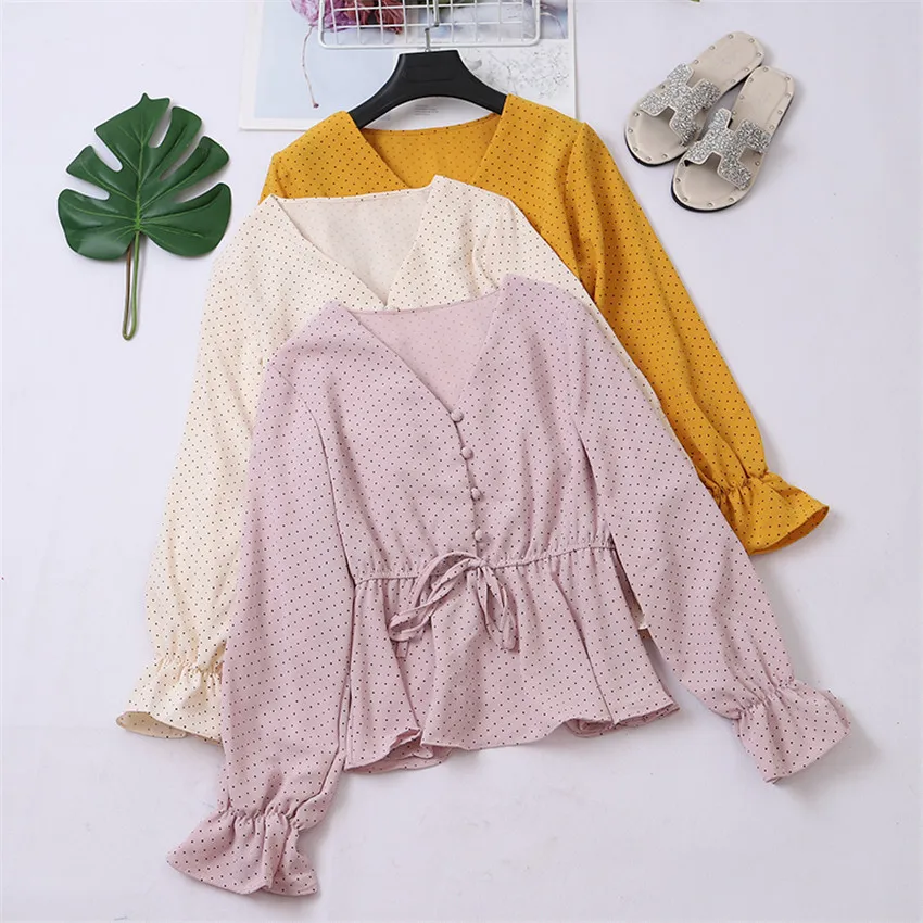 Gowyimmes Slanke vrouwen Lange Mouw Blouse Vintage Single Button V-hals Shirts Trim Sexy Lady perspectief Shirt BasicTops PD403