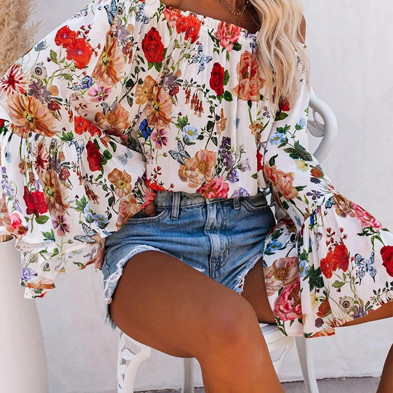 

2021 Autumn Printed Flare Sleeve Chiffon Blouse Women Sexy Off-shoulder Crop Top Slash Neck Fashion Loose Casual Shirt 17307