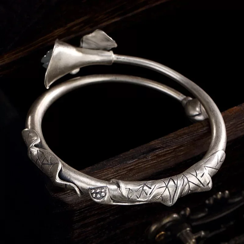 S990 solid silver bracelet lotus leaf pure silver bracelet female natural hetian jade magnolia middle ages