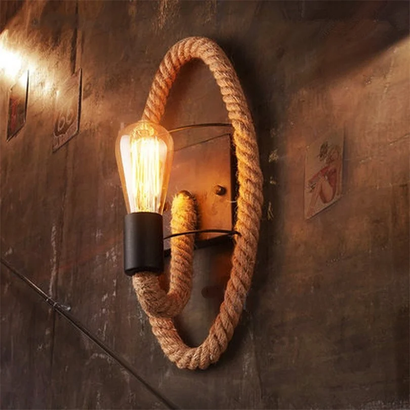 

Hemp Rope Loft Style Wall Lamp Vintage Iron Industrial Bedside Light Retro Fixtures For Home Lightings Bar Cafe Living Room E27