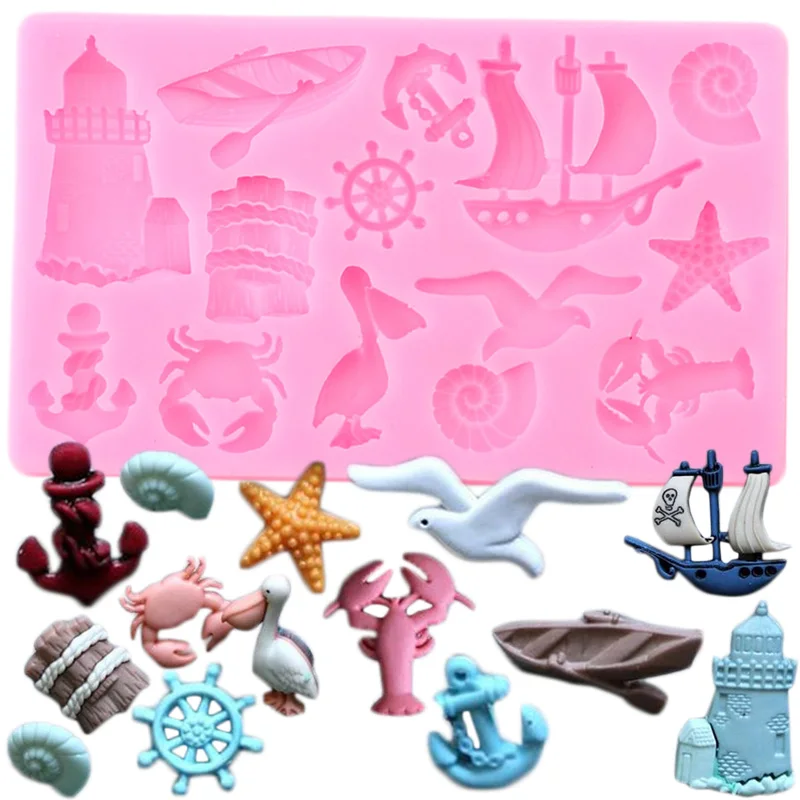 Sea Animals Silicone Molds Sailboat Anchor Seagull Shell Chocolate Candy DIY Party Cupcake Topper Fondant Cake Decorating Tools