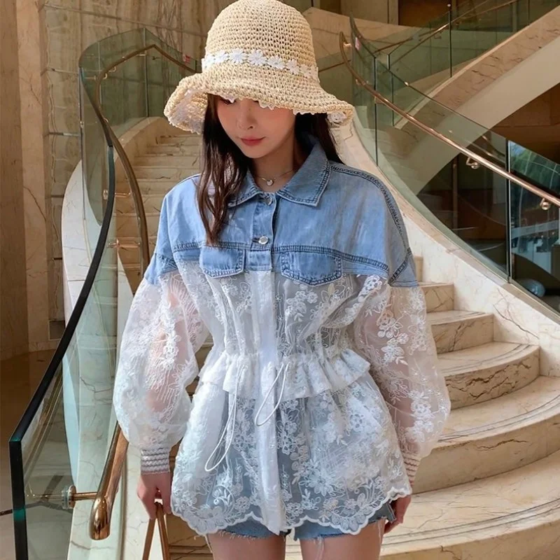 Summer 2022 New Patchwork Denim Jacket Women Thin See-Through Lace Beach Coat Lady Loose Adjustable Waist Sun Protection Jackets