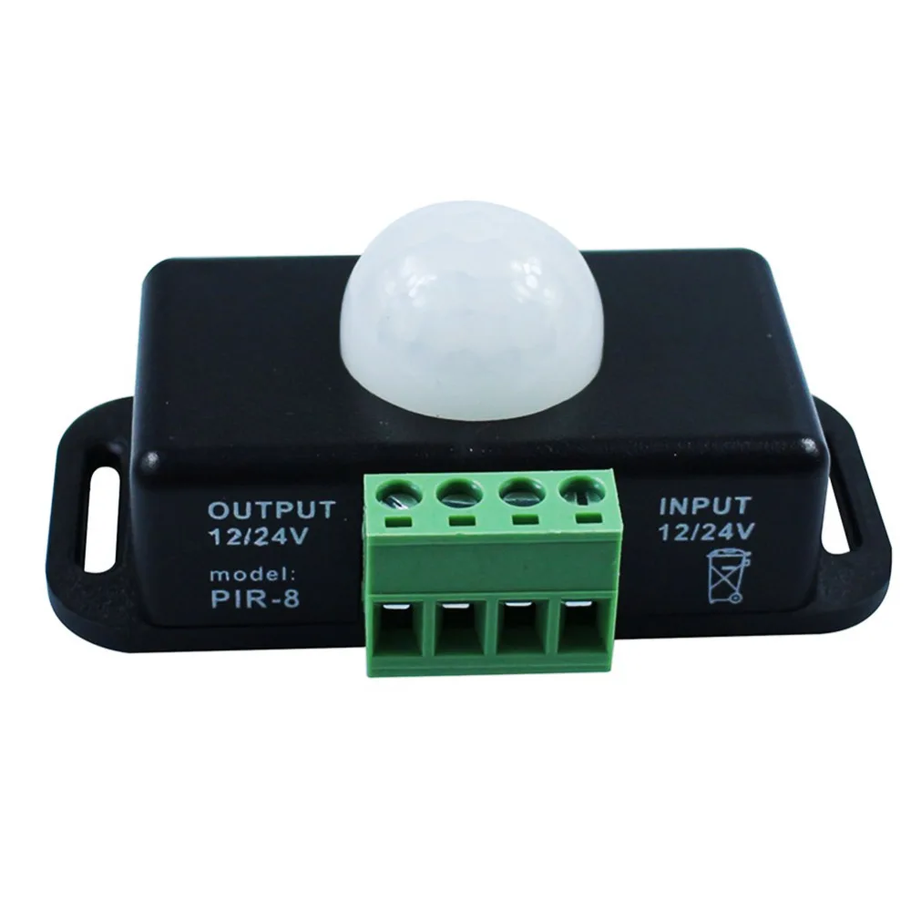 Interruptor de Sensor de movimiento infrarrojo PIR para luz LED, 120 grados, automático, DC 12V-24V 8A, 5 ~ 8 M, Detector de Sensor de movimiento infrarrojo