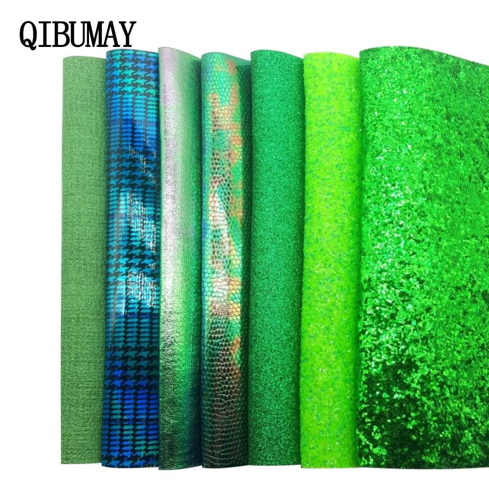 QIBU Green Faux Leather Sheets Vinyl Fabric DIY Hair Bow Materials Handmade Shoes Bag Decoration A4 Bow Fabric Synthetic Leather