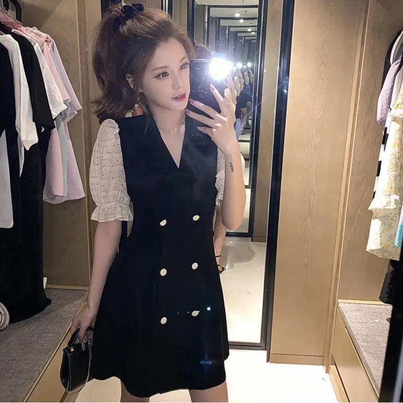 

Women's Large-Size Stitching Fake Two-Piece Dress Summer New Black Dress Woman Dress Vestido De Mujer Femme Robe