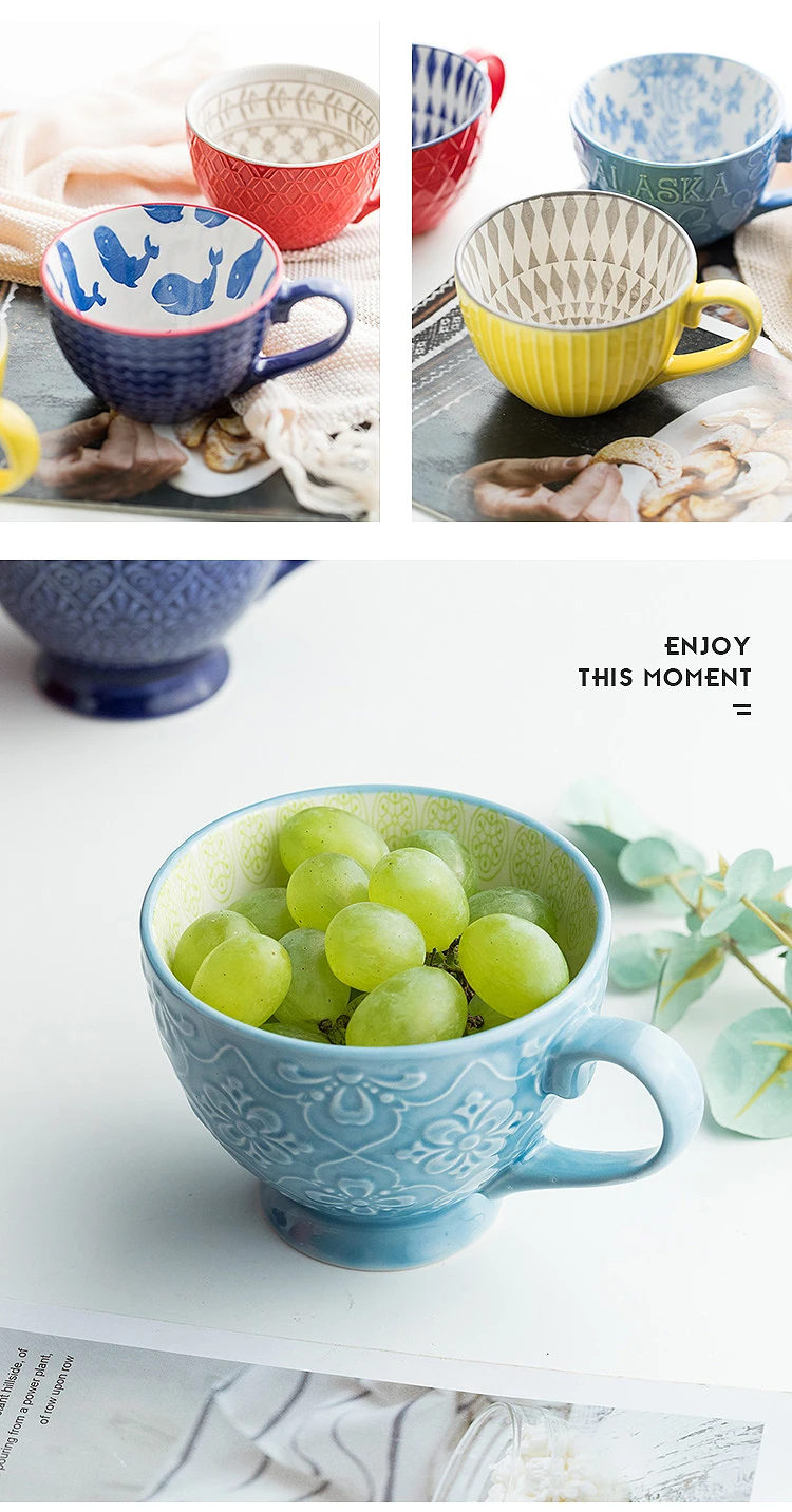 European Style Ceramic Coffee Cups Milk Tea Breakfast Mug Cappuccino Flower Cups Latte Kitchen Tableware High-grade