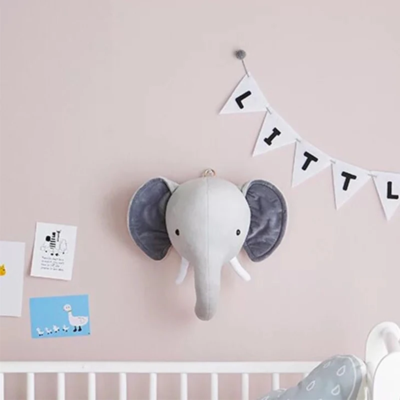 Kids Room Plush Toys 3D Animal Heads Decoration Elephant Deer Unicorn Wall Hanging Decor For Baby Girls Nursery Room Decoration