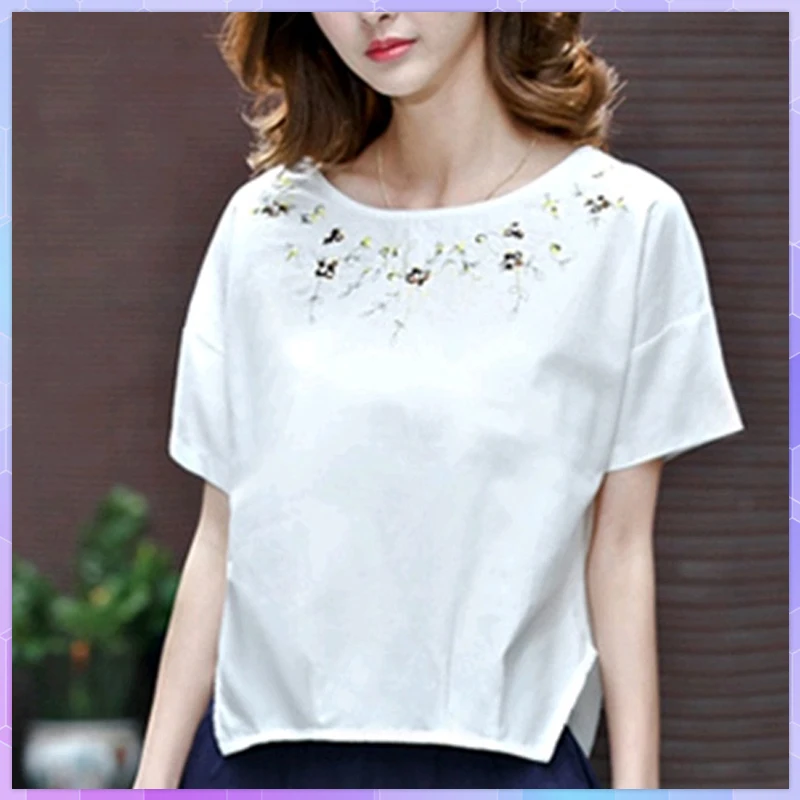 Elegant Women's Tee Shirt Embroidered Cotton And Linen T-shirt Summer Casual Solid Loose Tshirt Plus Size White Top Female