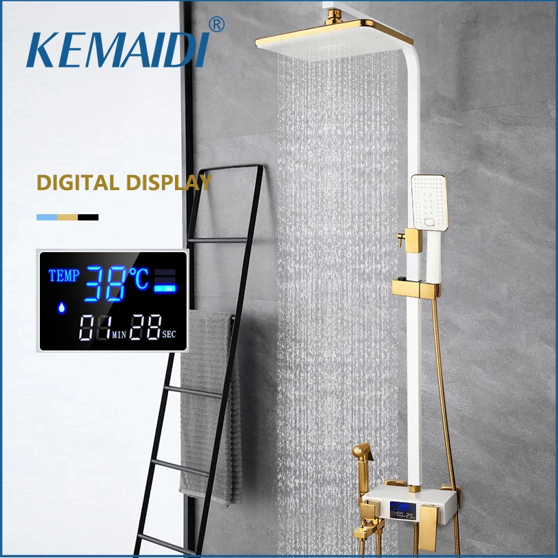 KEMAIDI White/Gold Bathroom Wall Mounted Rainfall Shower System LED Digital Shower Set Hot Cold Mixer Bath Shower Faucet Sets