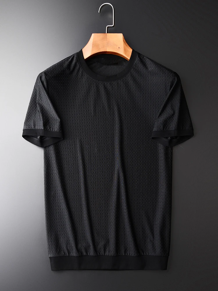 Yarn-dyed Checked Fabric Dark Grain New O-neck Slim Fashion Men's Short Sleeve T-shirts M-3XL 4XL