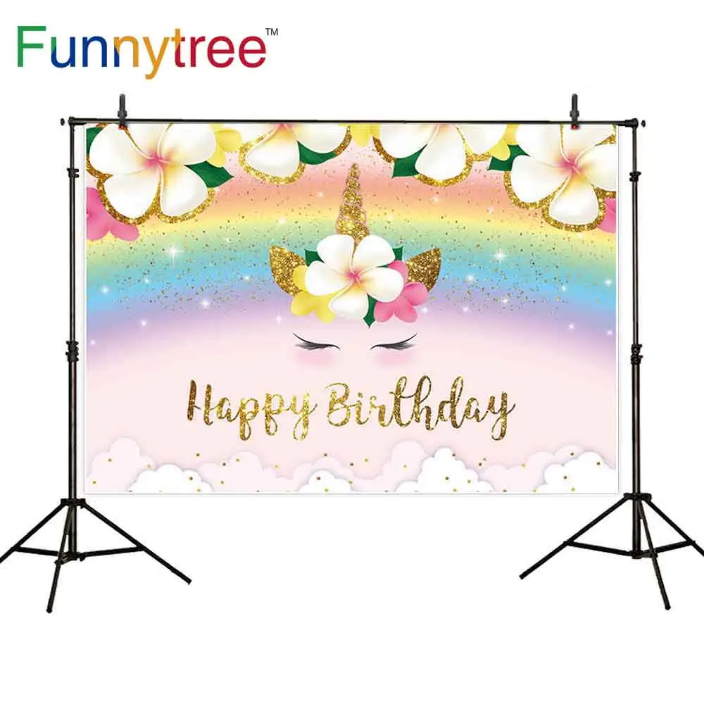 

Фотофон Funnytree для новорожденных детей на первый день рождения Радужный Блестящий Фон с облаками Единорог цветы фотосессия