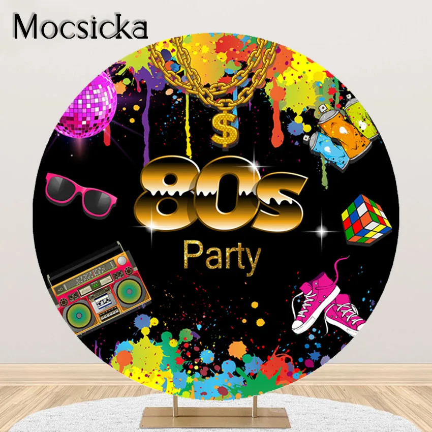 

Mocsicka 80'S Theme Party Backdrop Graffiti Hip Hop 80s Birthday Party Decorations Round Elastic Circle Cover Photoshoot