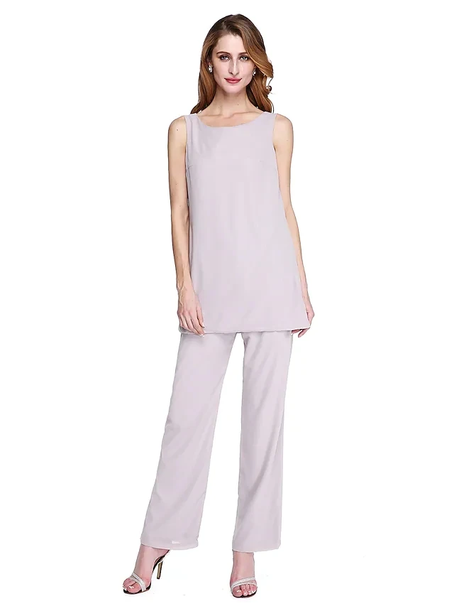 Zilver Jumpsuit Moeder Van De Bruid Jurk Plus Size Elegant Bateau Hals Floor Lengte Chiffon Bruiloft Gast Jurken Met Jas