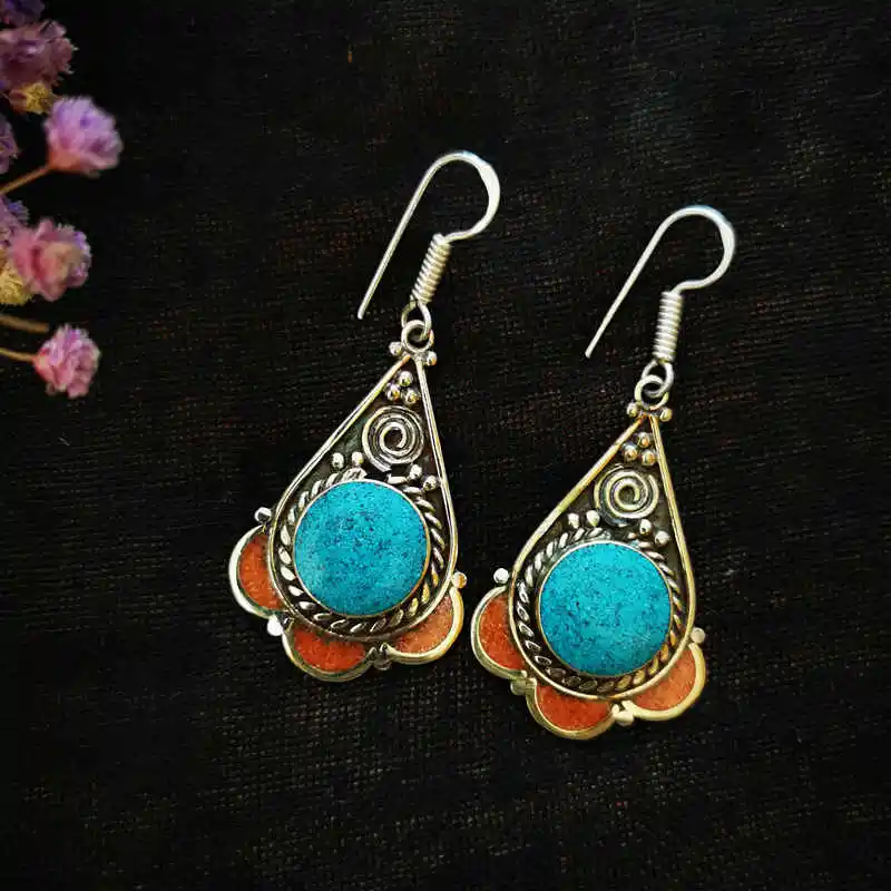 Tibetan Handmade Jewelry Copper Inlaid Drop Earring Multi Colors E104