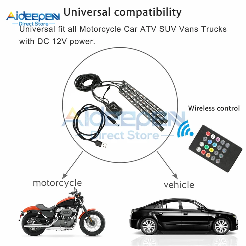 Tira de luces LED para Interior de coche, tira de luces RGB de atmósfera, inalámbrica, Control remoto IR, impermeable, SMD 5050, 48 LED