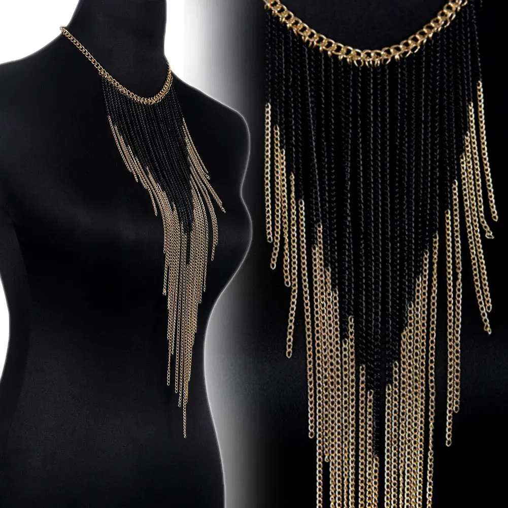 Luxury Fashion Sexy Body Belly Black Gold Color Tone Body Chain Bra Slave Harness Necklace Tassel Waist Jewelry Charms Necklace