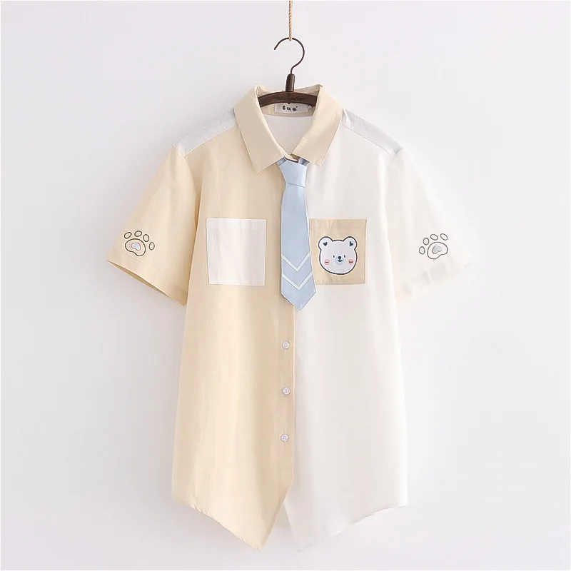 Harajuku Cute Bear Cartoon Blouse Girls Tie Front Button Up Shirts Women's Kawaii Sweet 2021 Casual Short Sleeve Cardigan Tops