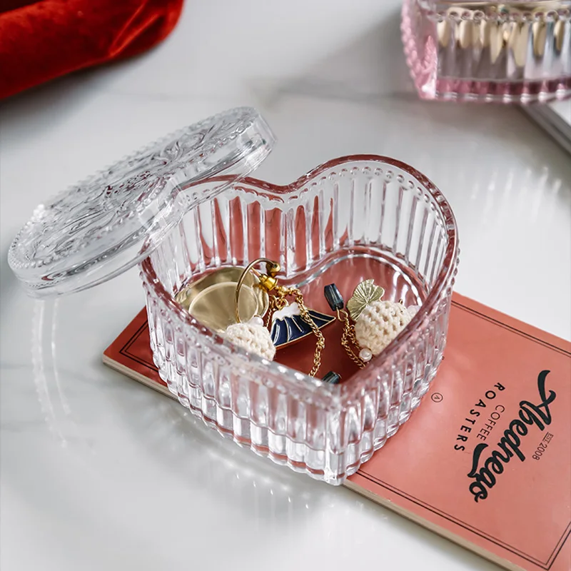 Love Heart Shape Crystal Glass Candy Jar, Dried Fruit Plate, Sugar Bowl, Jewelry Box with Lid, Living Room