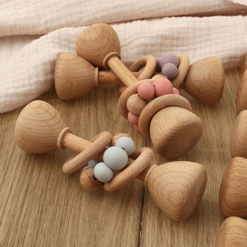 1pc Baby Teether Toys Beech Wood Baby Rattle BPA Free Rodent Silicone Beads Music Rattle Newborn Play Gym Educational Toys