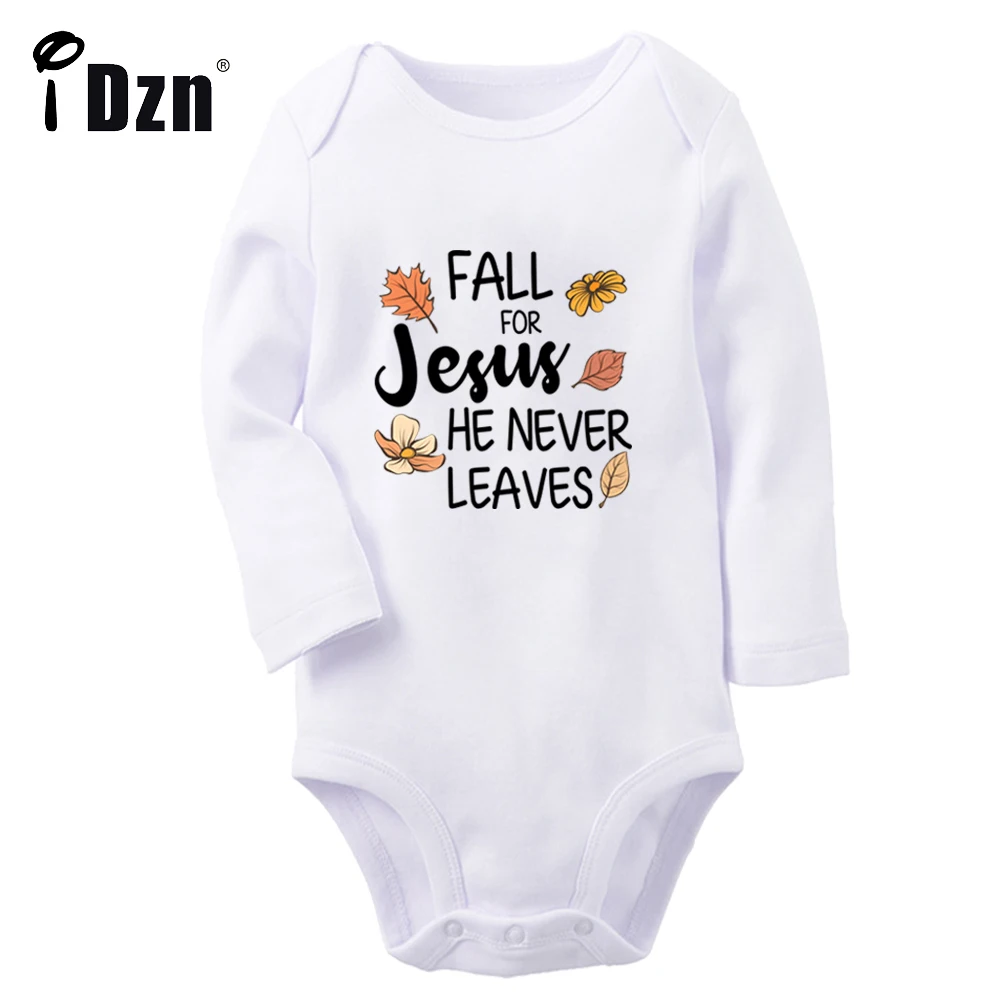 Fall For Jesus He Never Leaves Baby Boys Fun Rompers Baby Girls Cute Bodysuit Newborn Long Sleeves Jumpsuit Soft Cotton Clothes