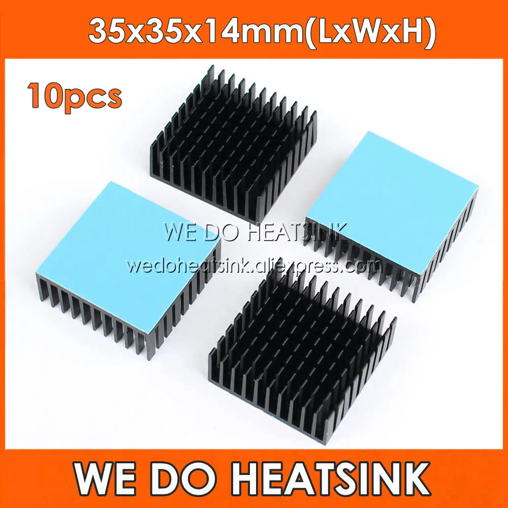 

WE DO HEATSINK 10pcs 35x35x14mm Aluminum Heatsink Black Anodize Radiator With Blue Thermal Pad For IC and Chipset