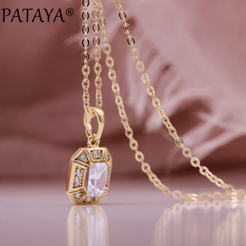 PATAYA New Fine Square Natural Zircon Women Pendant 585 Rose Gold Color Long Necklace Wedding Romantic Life Gift Fashion Jewelry