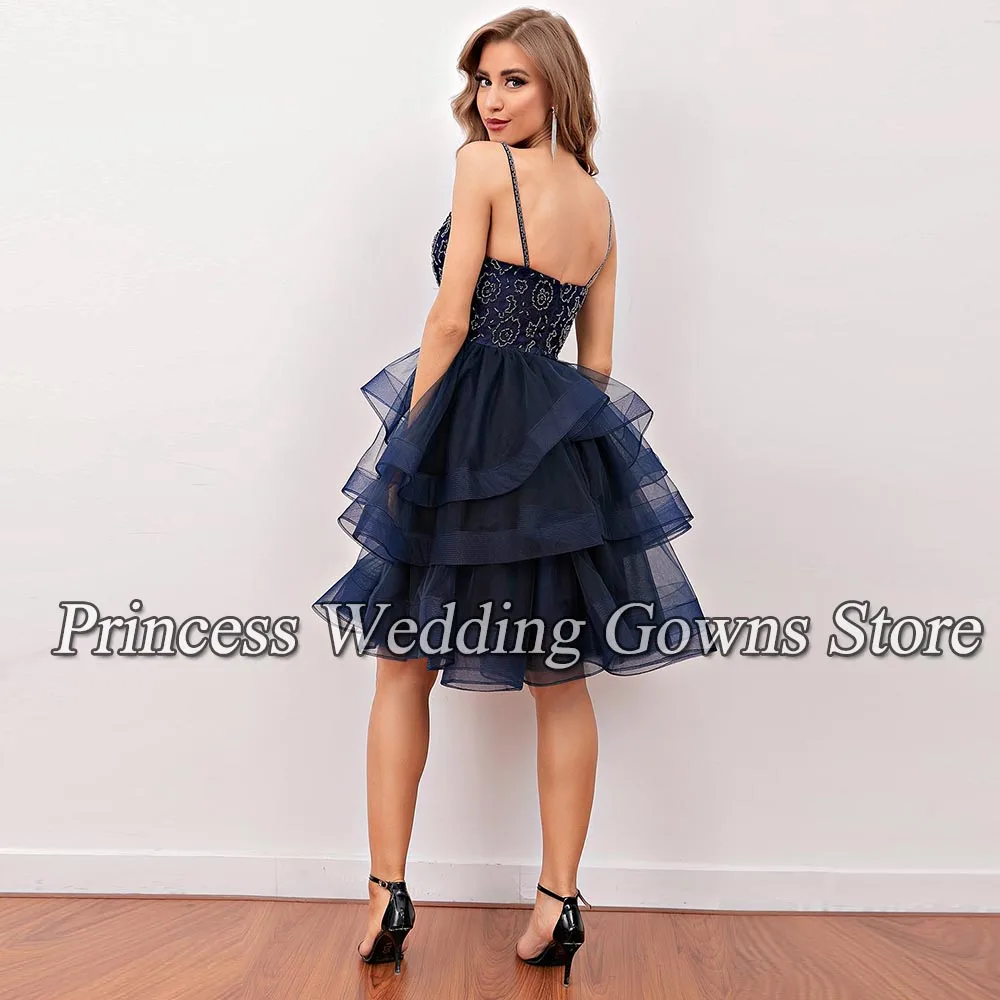 Short Ruffles Tiered Tulle Wedding Cocktail Dress For Girl Sleeveless Spaghetti Straps A Line Knee Length Vestido De Noche 2021