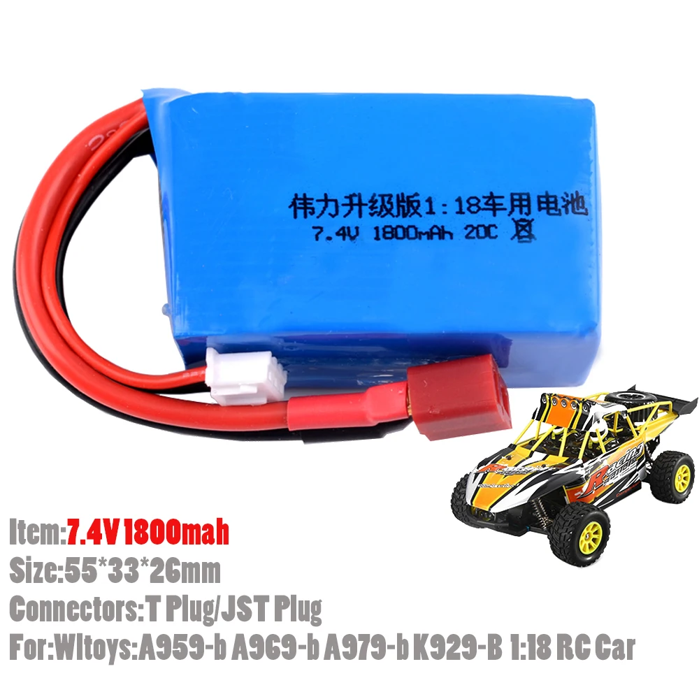 

2pcs/lot 7.4V 1800mah 20C RC Lipo T/JST Plug Connectors For 1:18 RC Car Wltoys A959-b A969-b A979-b K929-B Truck Buggy Toys