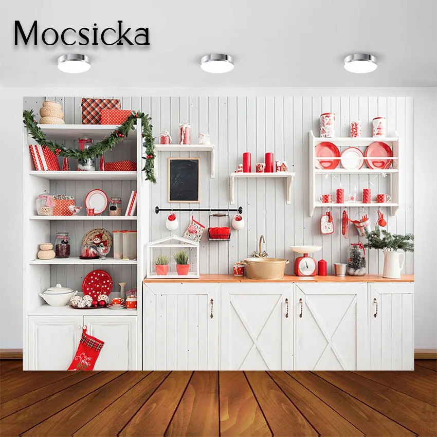 Mocsicka Christmas Kitchen Backdrop for Photography Bustic Wood Cupboard Adult Children Family Portrait Background Photographic