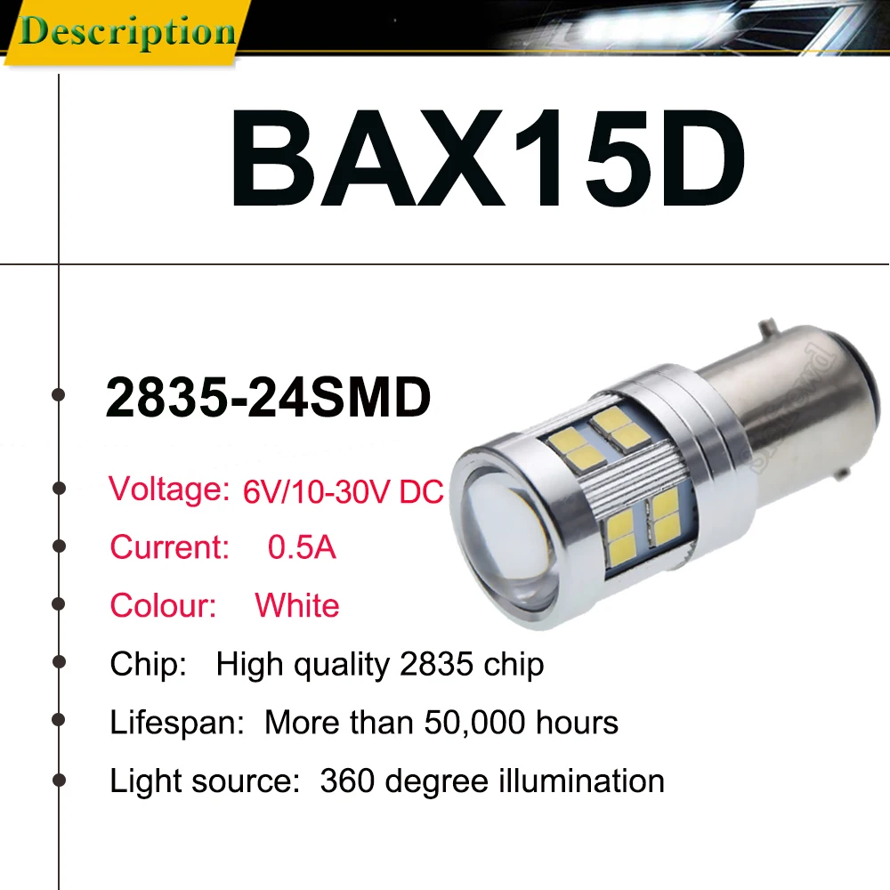 Pair BAX15D LED Bulb 2835 24SMD White Light For Moto Motorcycle Bike Scooter ATV UTV Front Headlight Car Auto Tail Lamp 6V 12V