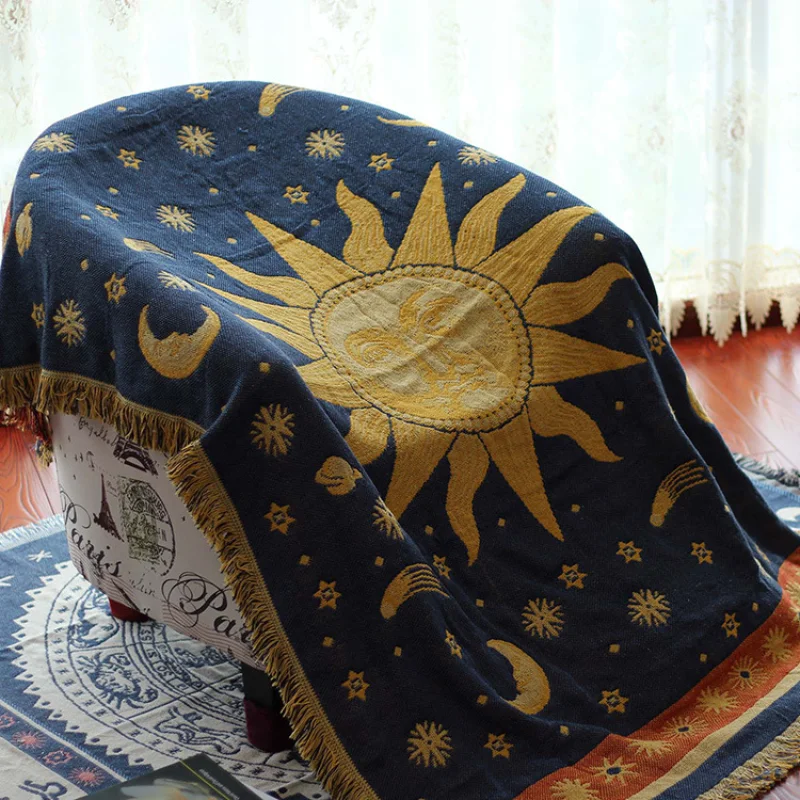 Textile City American Country Retro Jacquard Woven Blanket Sun Moon God Sofa Throw Dust-proof Cushion Carpet Cushion 180x230cm