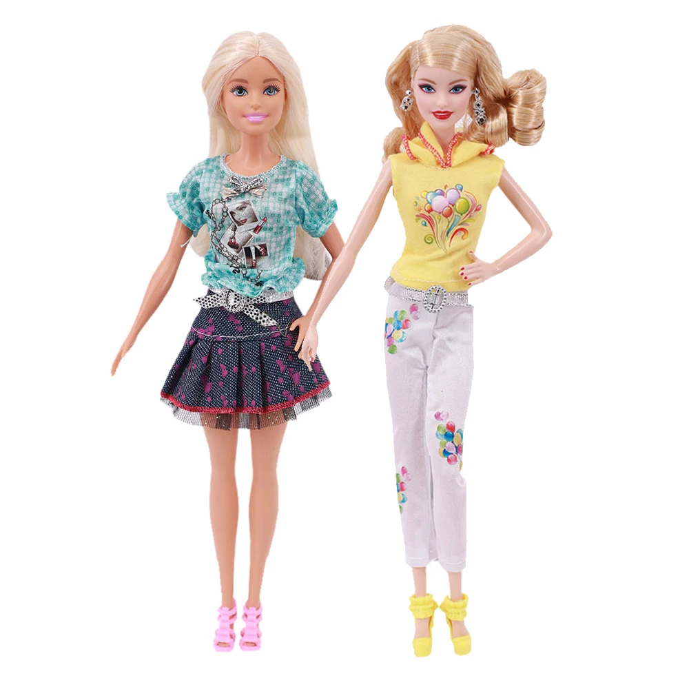 2 Cái/bộ Barbies Quần Áo Handmade Hoa Văn Hoạt Hình Áo Quần Short Đồng Nhất Đầm Phù Hợp Với 11.8Inch Barbies Búp Bê, BJD 30Cm Búp Bê, Đồ Chơi Cho Bé Gái