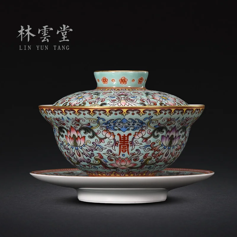 Lin Yuntang hand painted tangled lotus green enamel covered bowl Jingdezhen handmade ceramic kungfu tea cup