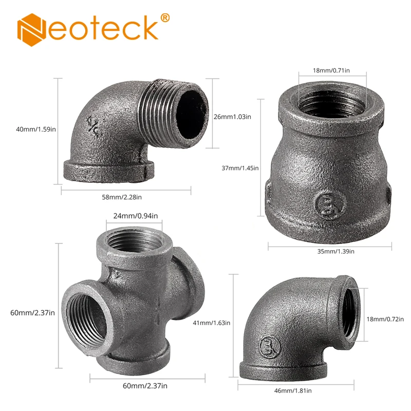 Neoteck 10 Pcs Threaded Wrought Iron Pipe Fittings Malleable Cast Iron 3/4