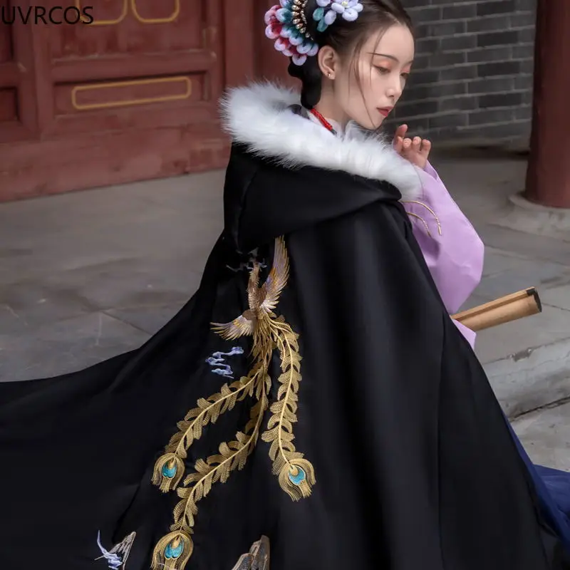 Oriental Ancient Black Hanfu Cloak Women Chinese Style Princess Costume Female Autumn Winter Warm Embroidery Hooded Cape Coat