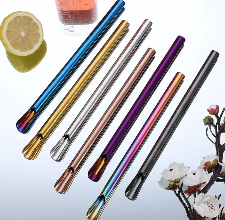 Spoon Shape Straw Reusable 304 Stainless Steel Drinking Straw Metal Straw For Smoothies Tapioca Pearls Milk Bubble Tea SN792