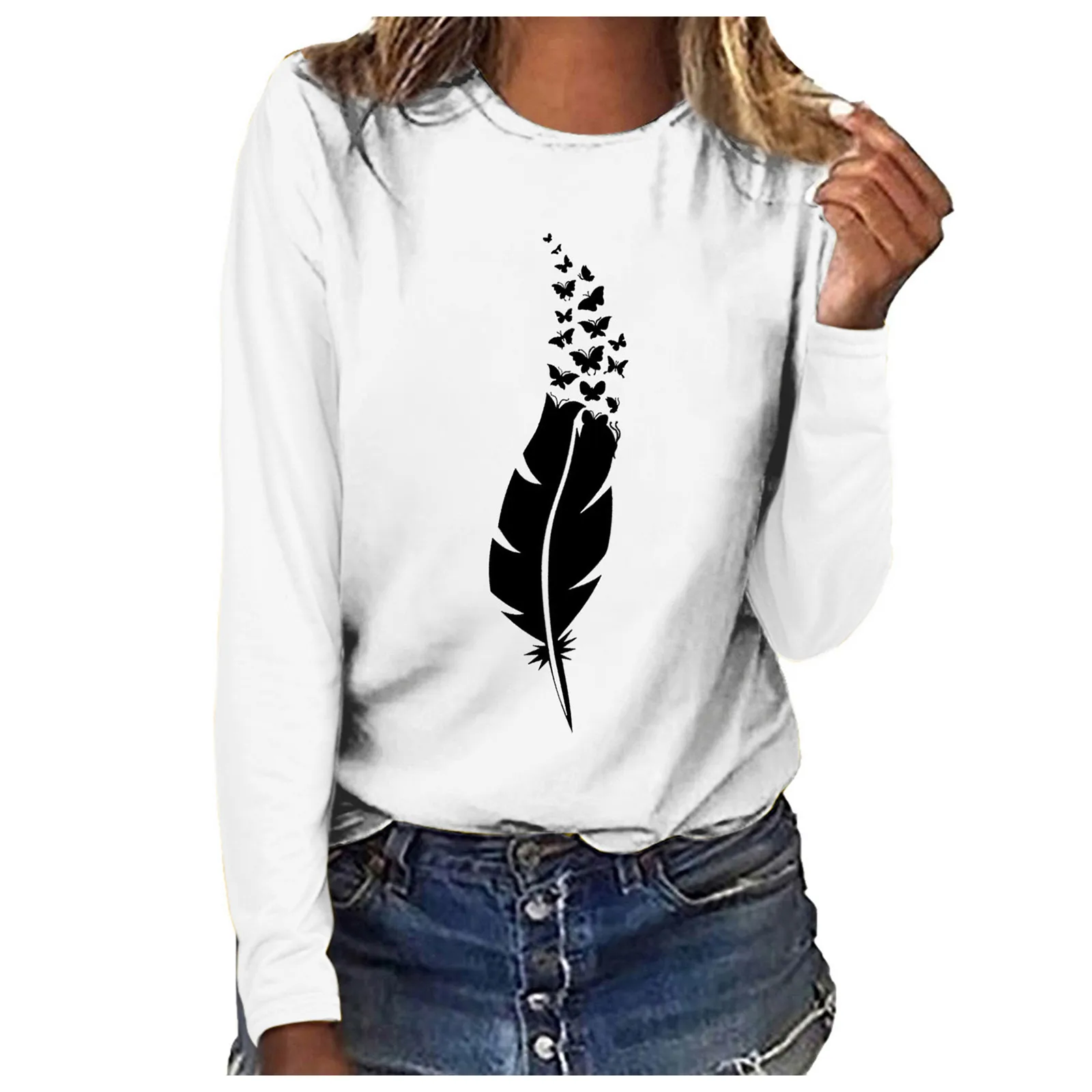 Harajuku Summer Autumn Sweatshirt Women's Feather Print O Neck Shirt Long Sleeve Casual Blouse Top Streetwear Polerones Mujer