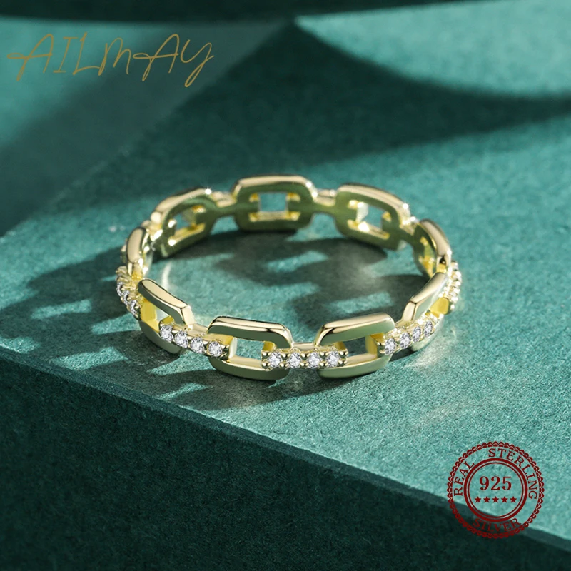 Ailmay-Real 925 Sterling Silver Anel de Dedo para Mulheres, Zircão Transparente, Cor Dourada, Acessórios de Festa, Jóias para Meninas, Moda