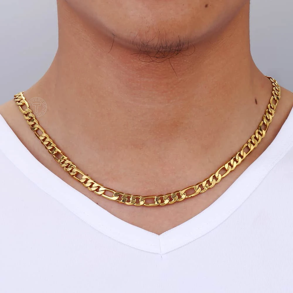 Simple Gold Color Classic Figaro Chain Link Necklace for Men 6mm Wide Cuban Curb Link Chain Jewlelry Gift 18-28inch GN18A