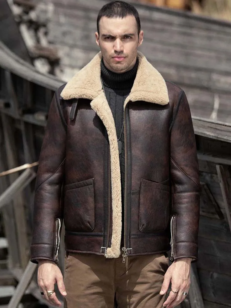 

2020 New Mens Shearling Jacket Short Fur Coat Brown Leather Overcoat Winter Warm Parkas Sheepskin Outerwear