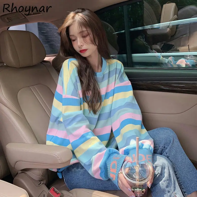 

Sweatshirts Women Sweet Rainbow Striped Preppy Kawaii Girls Loose Long Sleeve Harajuku Casual Trendy Tender Vintage Friends Chic