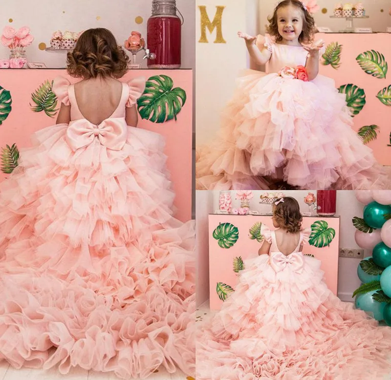 Lovely Girls Pageant Gowns Ruffles Handmade Flowers Tiered Tulle Flower Girl Dress Sweep Train