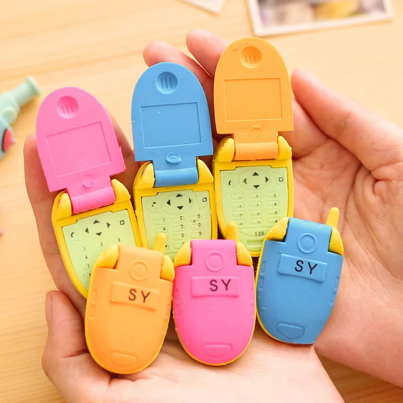 24 pcs Korea Creative Stationery Cute Cartoon Compact Phone Eraser Kids Learning Supplies Prize Gifts