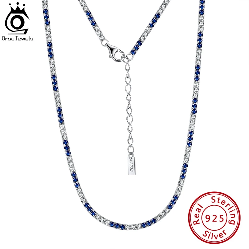 ORSA JEWELS 925 Sterling Silver Italian Women's Clear and Blue CZ Tennis for Women Trendy Tennis Chain Necklace Jewelry SC49