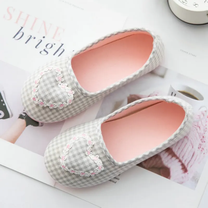 Cartoon Lattice Bow Cotton Slippers Home For Womens Indoor Bedroom House Lili Female Shoes Pink/Gray
