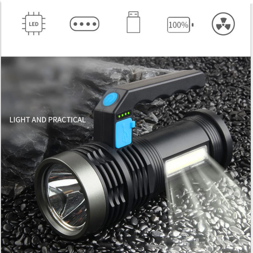 Faretto ricaricabile, torcia a LED con proiettore lato sinistro, Display di alimentazione, 4 modalità, proiettore faretto portatile per la casa