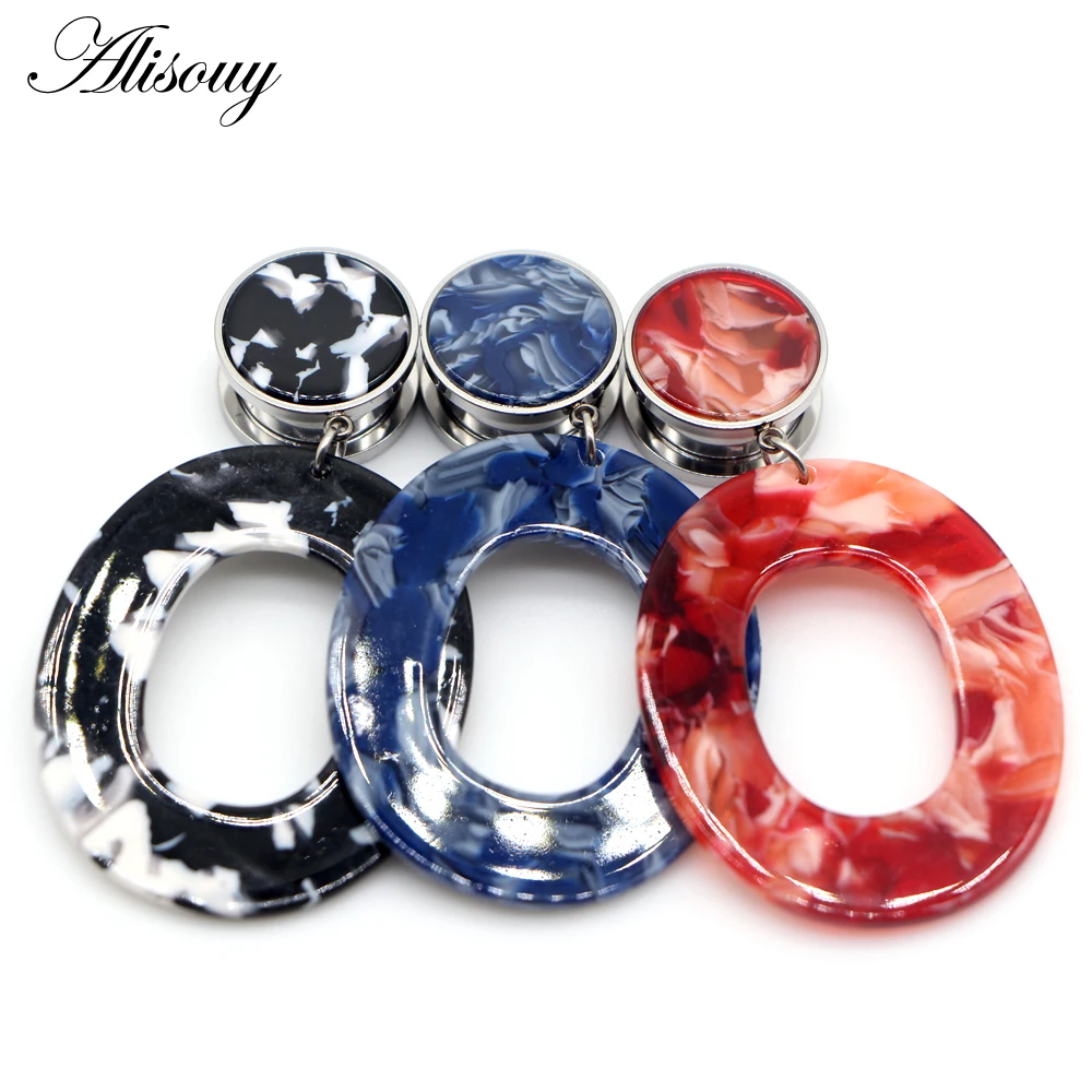 Alisouy 2pcs Acrylic oval dangle Stainless Steel screw back double flared Flesh ear plugs tunnels Expander piercing body jewelry