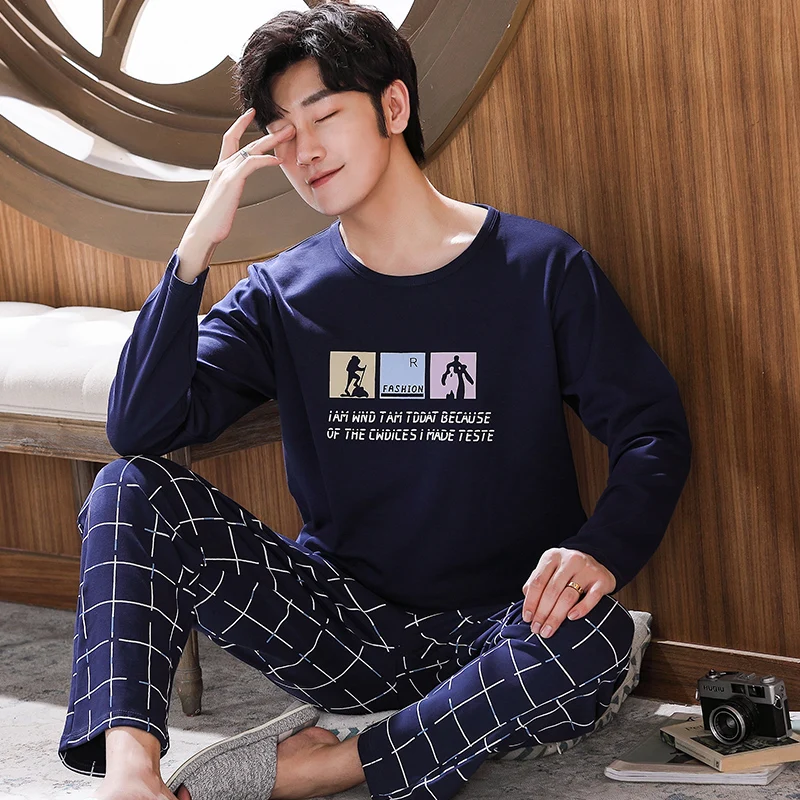 Winter And Autumn Mens Pyjamas 100% Cotton Pajamas Long-sleeve Casual Men Pajama Set L-4XL Sleepwear