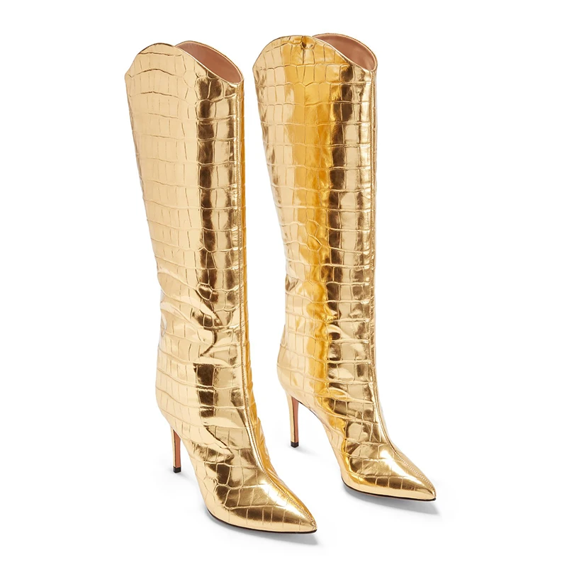 Gold Crocodile Pattern High Heel Knee High Boots 2024 Women Pointed Toe Heeled Tall Long Boots Ladies Stiletto Heel Winter Shoes